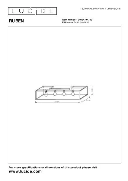 Lucide RUBEN - Plafonnière - 4xE27 - Zwart - technisch